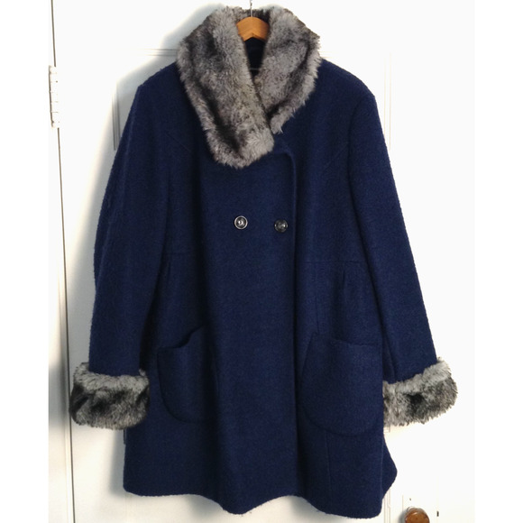 Vtg Penny Lane Coat 2X Blue Wool Blend Shearling Sherpa Faux Fur Afghan Winter - Picture 1 of 12